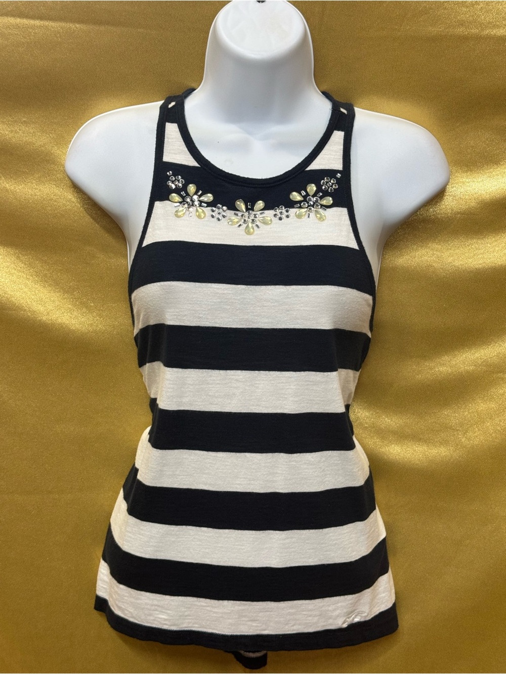 Hollister Striped Beaded Floral Tank Top High Low High-Neck Racerback Knit XS